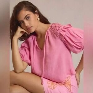 Anthropologie Self Contrast Pink 100% Linen Ruffle Puff Sleeve Blouse Top Medium